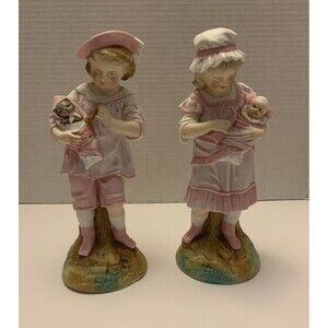 1900-1919 Vintage Girl And Girl Porcelain Figurines ~Holding  Baby And Cat .
